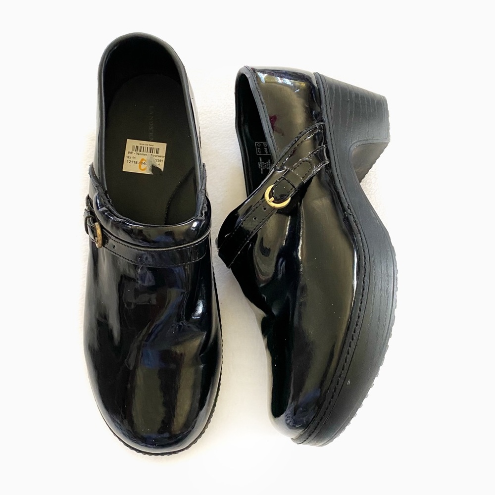 Lands End Women's Black Patent Leather Chunky Clogs Shoes Size 11 D - Y2K